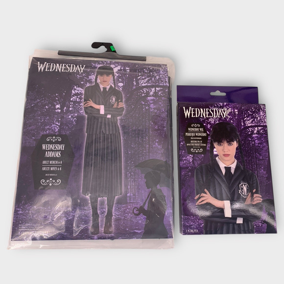 Wednesday Addams Costume School Uniform With Wig Halloween Cosplay Adult M (6-8) - Picture 5 of 5